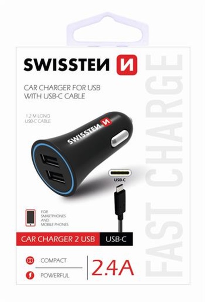 SWISSTEN CAR CHARGER 2,4A POWER WITH 2x USB + CABLE USB-C 20110908