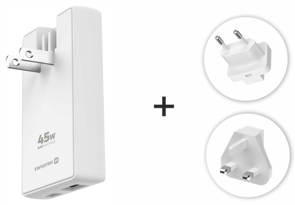 Swissten cestovní adaptér GaN USB-C + USB-A 45w výměnné vidlice (US, EU, UK) bílý 22071320