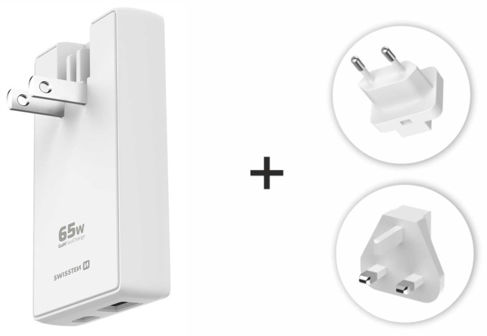 Swissten cestovní adaptér GaN USB-C + USB-A 65w výměnné vidlice (US, EU, UK) bílý 22071420