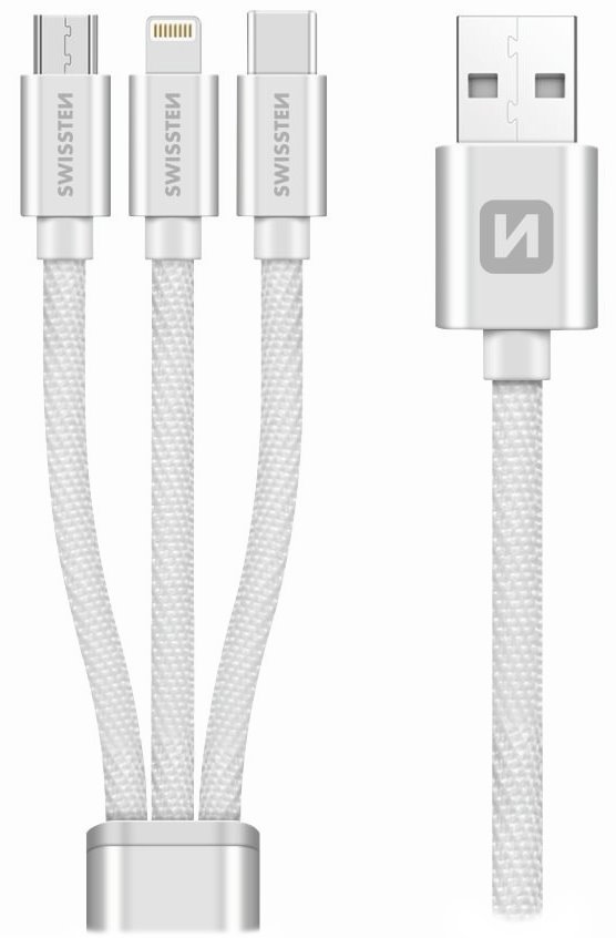 Swissten datový kabel 3in1 MFi, 1,2 m, textilní, (micro USB, USB-C, Lightnings) stříbrný 72501102