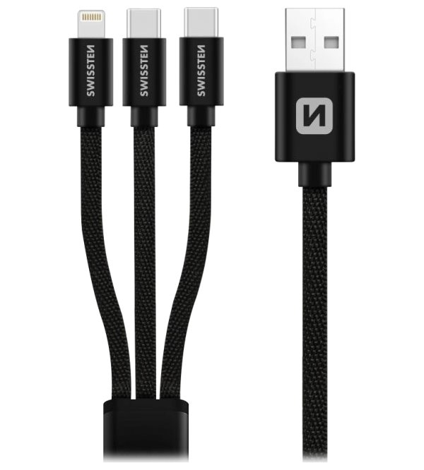 Swissten datový kabel textile 3in1 1,2 m černý (lightning, 2x usb-c) 72501103