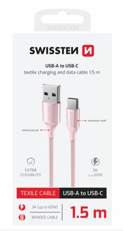 SWISSTEN DATOVÝ KABEL TEXTILE II USB / USB-C 1,5 M RŮŽOVÝ 71521311