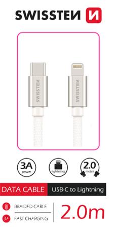 SWISSTEN DATOVÝ KABEL TEXTILE USB-C / LIGHTNING 2,0 M STŘÍBRNÝ 71529202