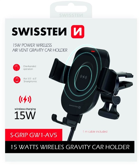 SWISSTEN GRAVITY DRŽÁK DO VENTILACE AUTA S BEZDRÁTOVÝM NABÍJENÍM 15W S-GRIP GW1-AV5 65010608