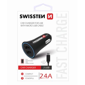 SWISSTEN, micro USB auto nabíjačka, + USB kábel (A male-micro) 12V, 5V, 2400mA, nabíjanie mobilných 20110900