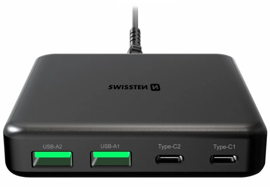 SWISSTEN MINI DESKTOP ADAPTÉR GaN 2x USB-C + 2xUSB 65W POWER DELIVERY ČERNÝ 22057100