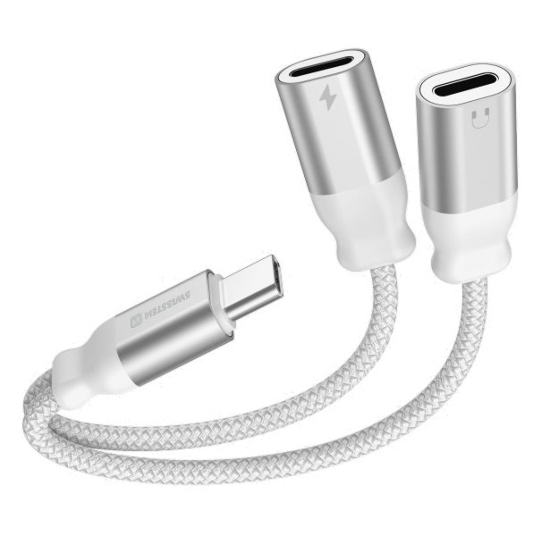 SWISSTEN NABÍJECÍ AUDIO ADAPTÉR TEXTILE USB-C (samec) / 2x USB-C (samice) 0,12 M BÍLÝ 73502305
