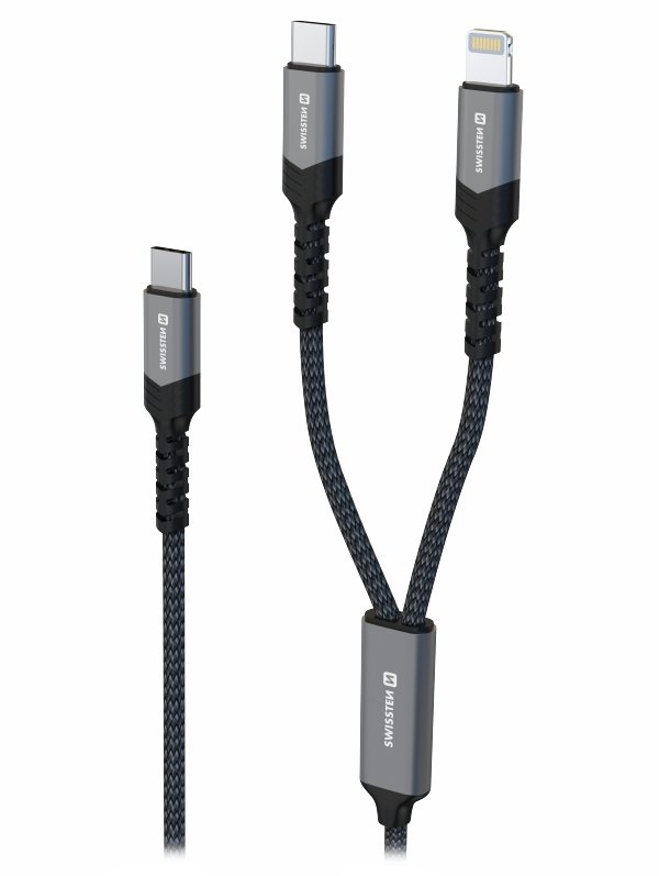 Swissten nabíjecí kabel 2v1 USB-C / USB-C + lightning 100w 1,5 m černý 72501202