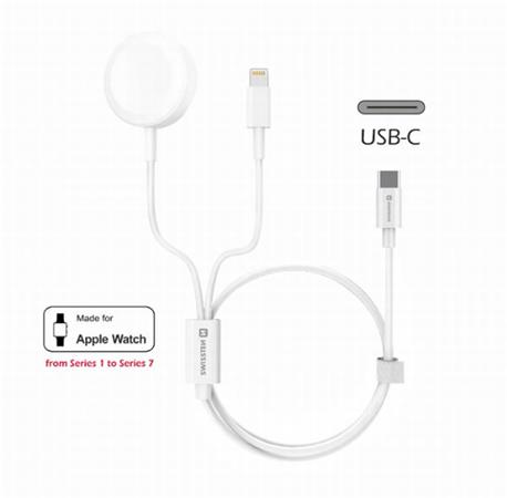 SWISSTEN NABÍJECÍ MAGNETICKÝ KABEL 2v1 PRO APPLE WATCH A LIGHTNING, USB-C 1.2 M 22055510