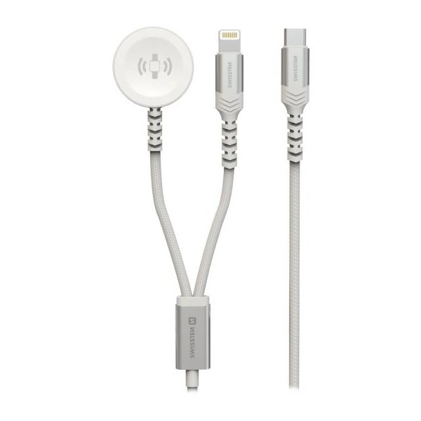 Swissten opletený magnetický kabel 2v1 pro apple watch a lightning, usb-c 1.2 m bílý 22065503