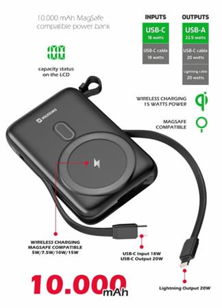 SWISSTEN POWER BANK 10000 mAh PD 20W S INTEGROVANÝMI KABELY USB-C A LIGHTNING (kompatibilní s MagSafe) 22013933