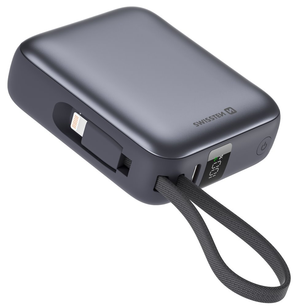 Swissten Power bank 10000 mAh s integrovanými kabely - USB-C, A, Lightning / vesmírně stříbrná 22013939