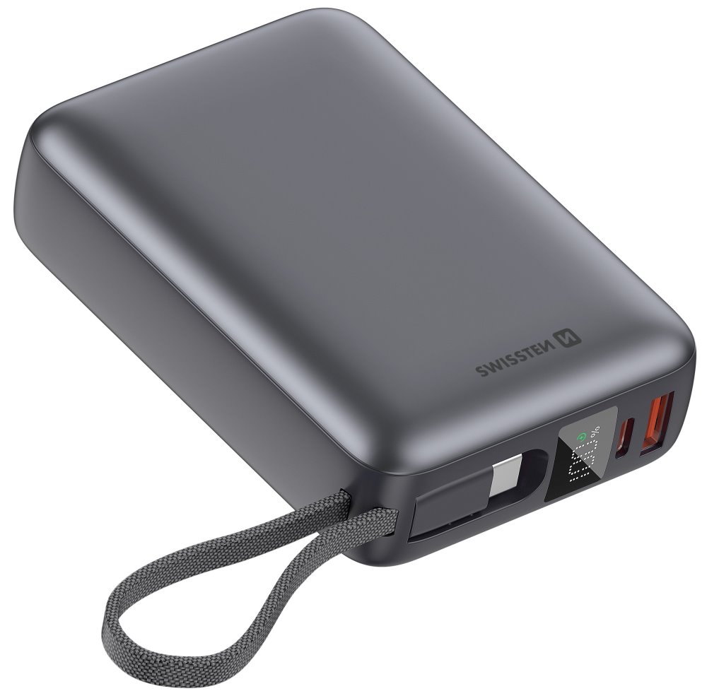 Swissten Power bank 20000 mAh 45W s integrovaným kabelem USB-C / vesmírně stříbrná 22013976