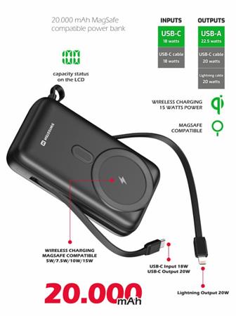 SWISSTEN POWER BANK 20000 mAh PD 20W S INTEGROVANÝMI KABELY USB-C A LIGHTNING (kompatibilní s MagSafe) 22013934