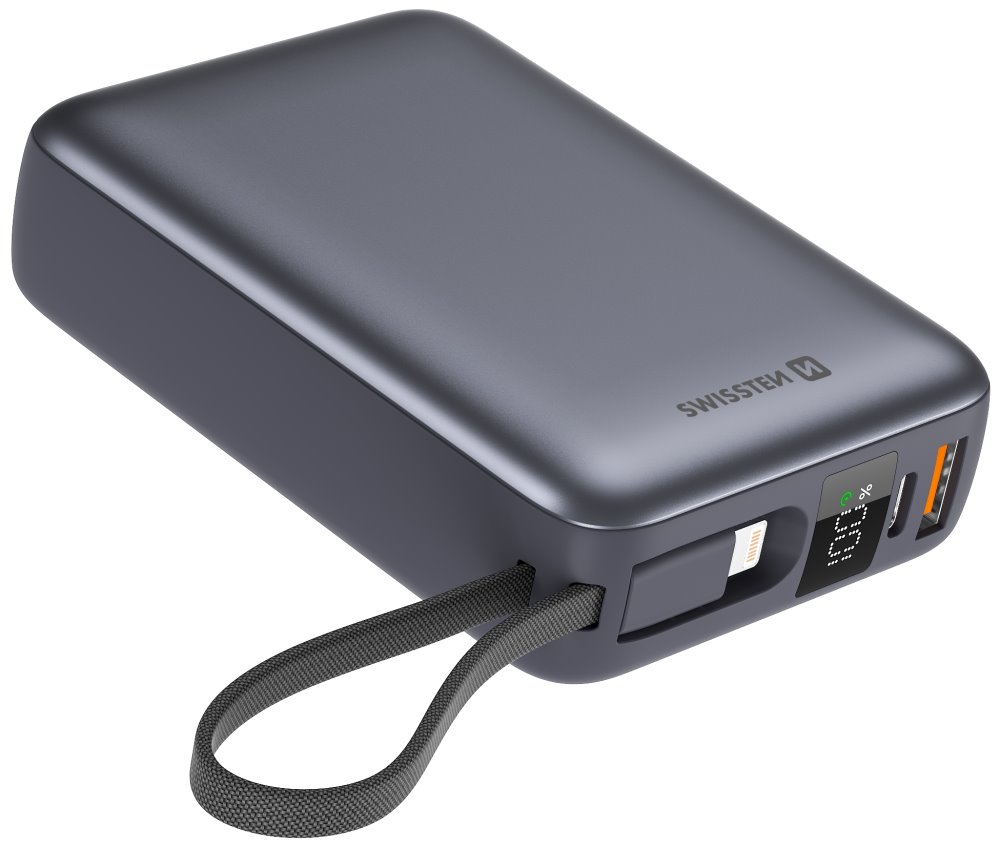 Swissten Power bank 20000 mAh s integrovanými kabely - USB-C, A, Lightning / vesmírně stříbrná 22013945