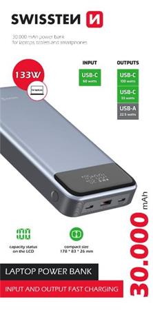 Swissten power bank 30000 mah pro notebooky 133w power delivery grey 22013917