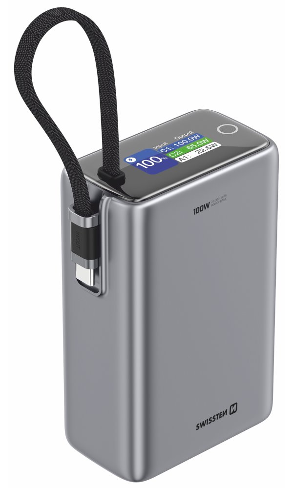 SWISSTEN POWER BANK CESTOVNÍ 25000 mAh (96.25Wh) 100W S INTEGROVANÝM KABELEM USB-C ŠEDÁ 22013977