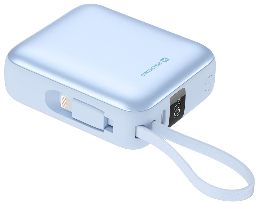 Swissten Power Bank Space 10000 mAh S Integrovanými Kabely USB-C A Lightning Modrá 22013984