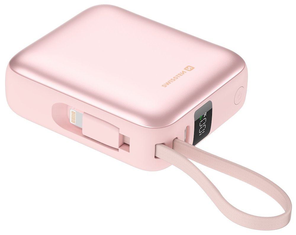 Swissten Power Bank Space 10000 mAh S Integrovanými Kabely USB-C A Lightning Růžová 22013985