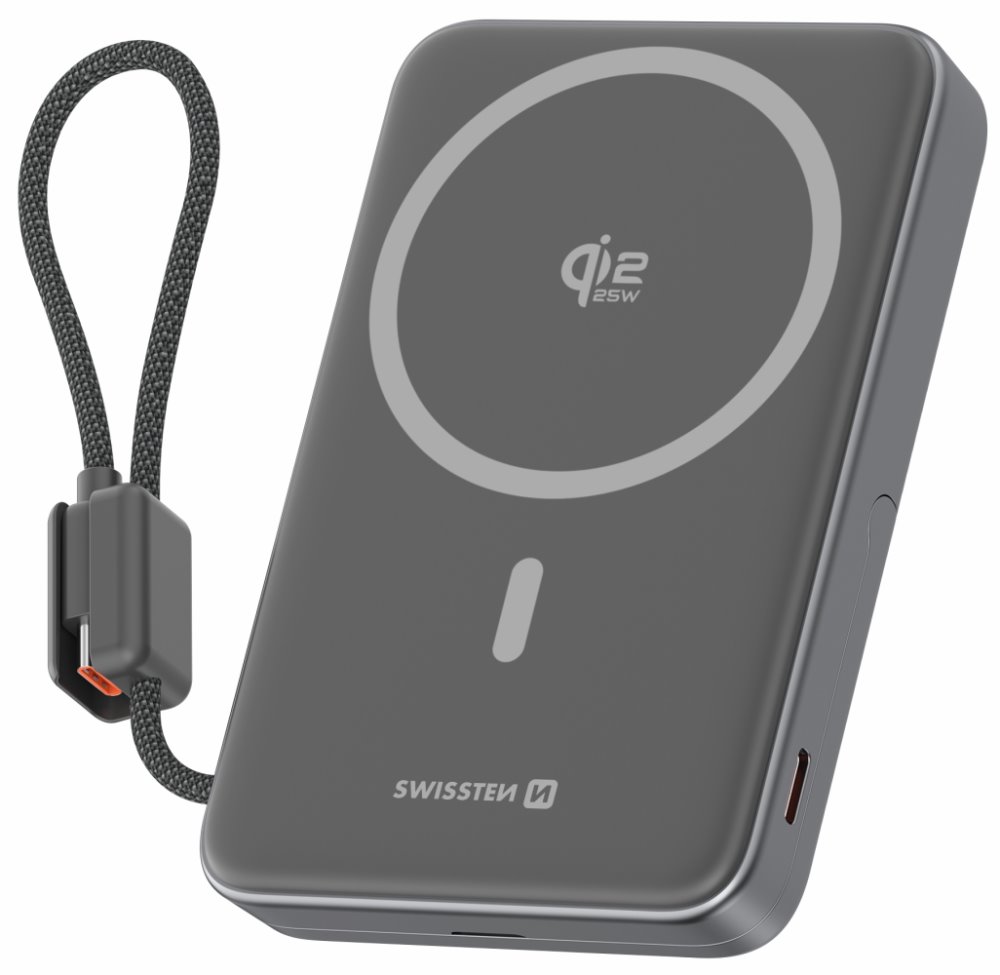 Swissten Semi-Solid Power Bank 10000 mAh, 45 W s integrovaným kabelem USB-C (Qi2.2, 25 W, kompatibilní s MagSaf 22013987