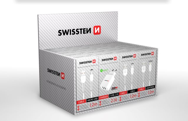 SWISSTEN SET SAMOPRODAVAČ (5x kabel MicroUSB, 5x USB-C, 5x lightning, 5x SN 2USB 2,1A) SET1BOX