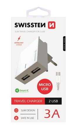 SWISSTEN, Sieťový adaptér, s microUSB kabelem, 100-240V, 5V, 3000mA, nabíjanie mobilných telefónov 22041000