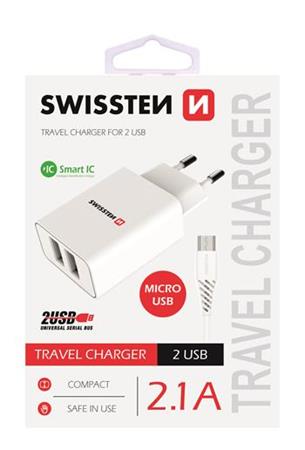 SWISSTEN, Sieťový adaptér, s microUSB káblom, 100-240V, 5V, 2100mA, nabíjanie mobilných telefónov a 22051000