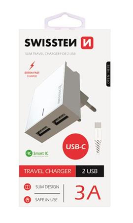SWISSTEN, Sieťový adaptér, s USB-C kabelem, 100-240V, 5V, 3000mA, nabíjanie mobilných telefónov a i 22043000