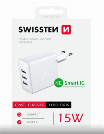 SWISSTEN SÍŤOVÝ ADAPTÉR 3x USB 3A 15W BÍLÝ 22052100