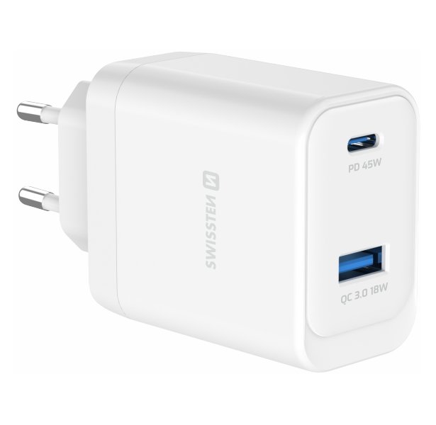 Swissten Síťový Adaptér Core GaN 1x USB-C 45W PD + 1x USB-A 18W QC Bílý 22071330