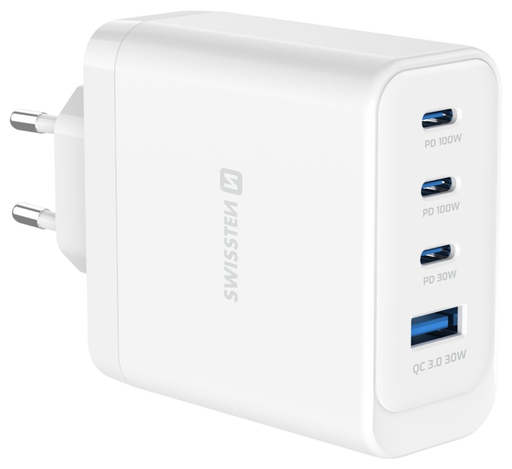 Swissten Síťový Adaptér Core GaN 2x USB-C PD 100W + 1x USB-C PD 20W + 1x USB-A QC 30W QC Bílý 22071610