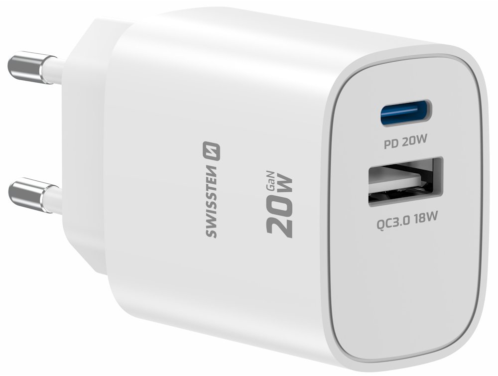 Swissten Síťový Adaptér Edge GaN 1x USB-C PD 20W + 1x USB-A 18W QC Bílý 22071713