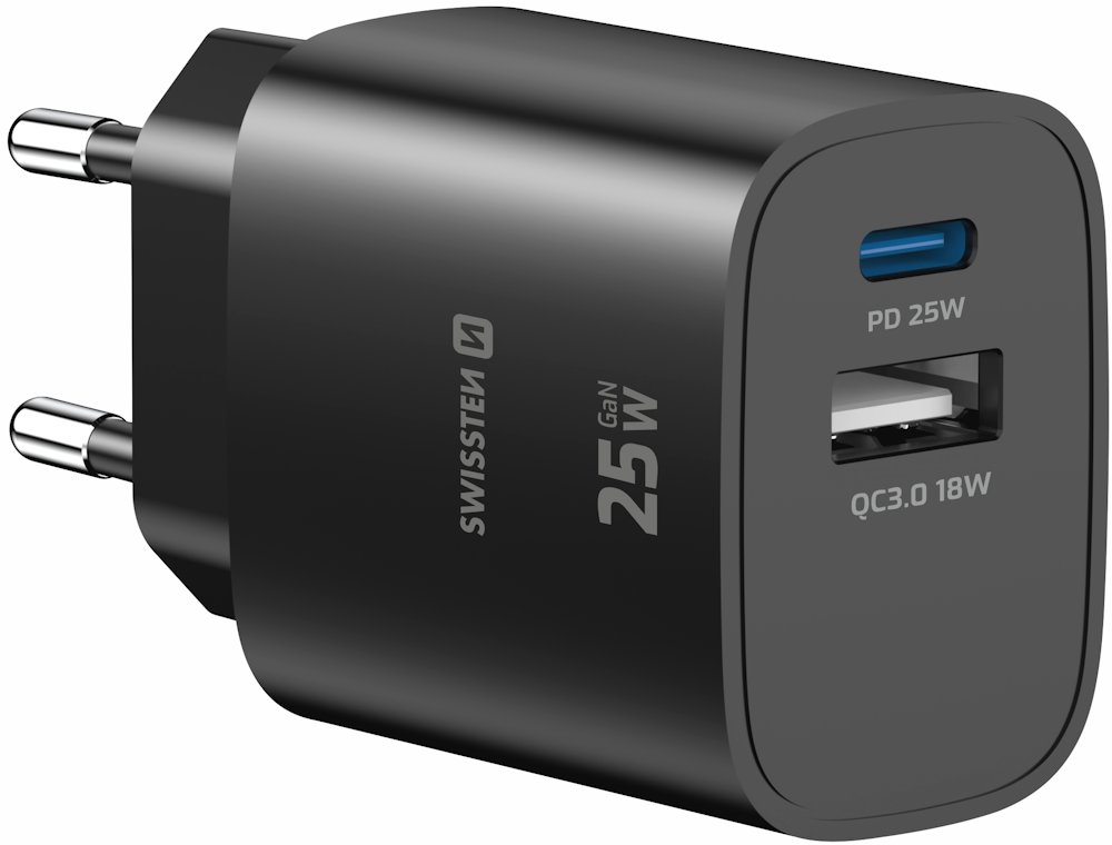 Swissten Síťový Adaptér Edge GaN 1x USB-C PD 25W + 1x USB-A 18W QC Černý 22071714