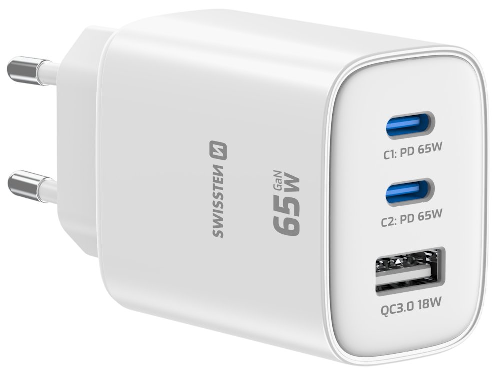 Swissten Síťový Adaptér Edge GaN 2x USB-C PD 65W + 1x USB-A 18W QC Bílý 22071720
