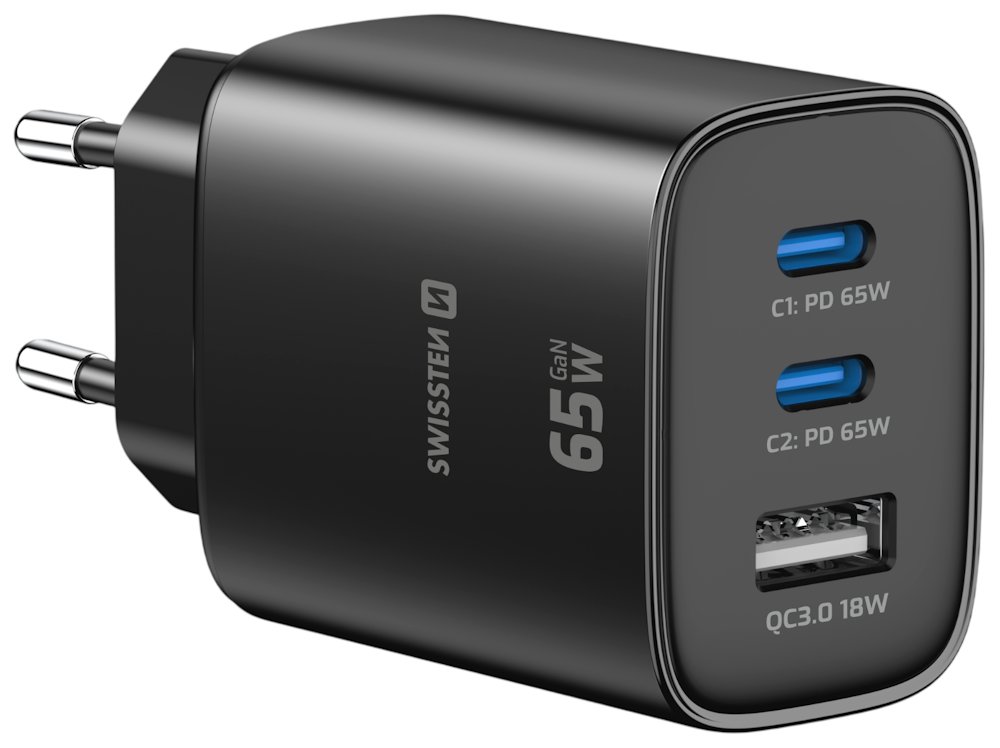 Swissten Síťový Adaptér Edge GaN 2x USB-C PD 65W + 1x USB-A 18W QC Černý 22071721