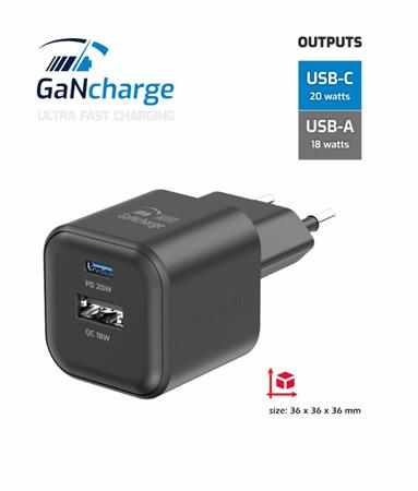 SWISSTEN SÍŤOVÝ ADAPTÉR GaN 1x USB-C 20W PD + 1x USB-A 18W QC ČERNÝ 22071110