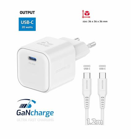 SWISSTEN SÍŤOVÝ ADAPTÉR GaN 1x USB-C 20W POWER DELIVERY BÍLÝ + DATOVÝ KABEL USB-C/USB-C 1,2 M BÍLÝ 22070120