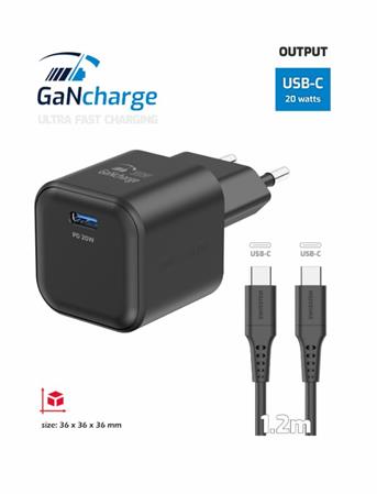 SWISSTEN SÍŤOVÝ ADAPTÉR GaN 1x USB-C 20W POWER DELIVERY ČERNÝ + DATOVÝ KABEL USB-C/USB-C 1,2 M ČERNÝ 22070130