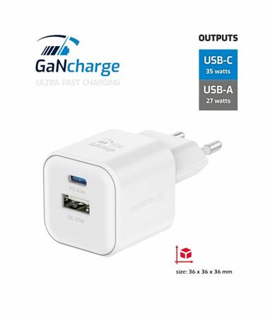 SWISSTEN SÍŤOVÝ ADAPTÉR GaN 1x USB-C 35W PD + 1x USB-A 27W QC BÍLÝ 22071200