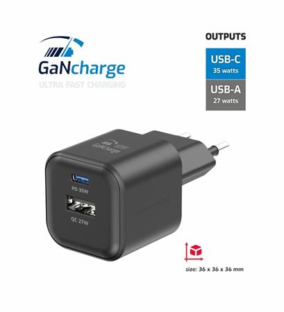 SWISSTEN SÍŤOVÝ ADAPTÉR GaN 1x USB-C 35W PD + 1x USB-A 27W QC ČERNÝ 22071210
