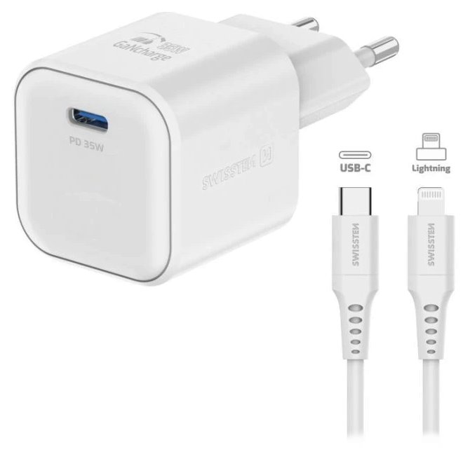 SWISSTEN SÍŤOVÝ ADAPTÉR GaN 1x USB-C 35W POWER DELIVERY BÍLÝ + DATOVÝ KABEL USB-C/LIGHTNING 1,2 M BÍLÝ 22070240