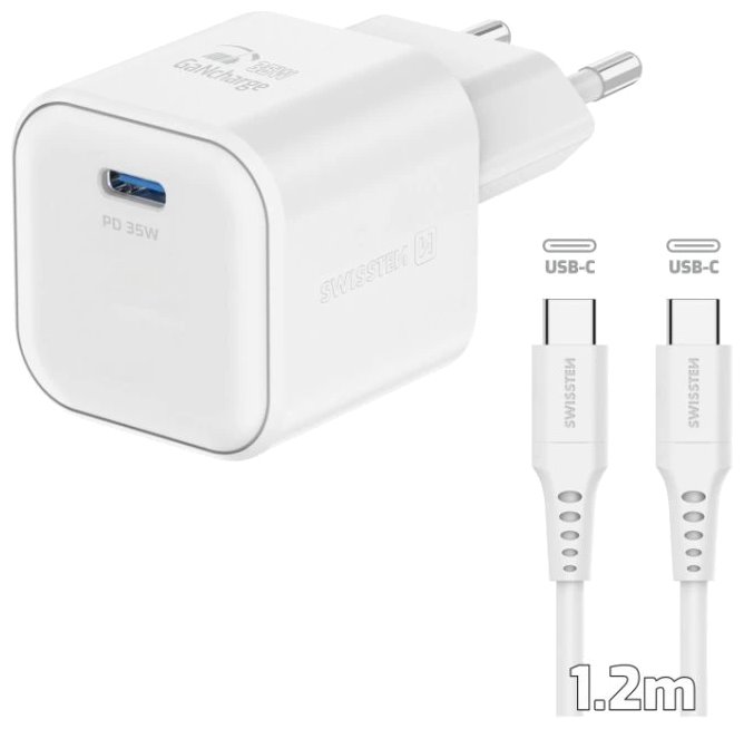 SWISSTEN SÍŤOVÝ ADAPTÉR GaN 1x USB-C 35W POWER DELIVERY BÍLÝ + DATOVÝ KABEL USB-C/USB-C 1,2 M BÍLÝ 22070220