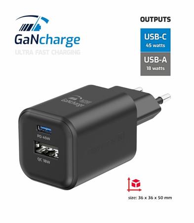 SWISSTEN SÍŤOVÝ ADAPTÉR GaN 1x USB-C 45W PD + 1x USB-A 18W QC ČERNÝ 22071310