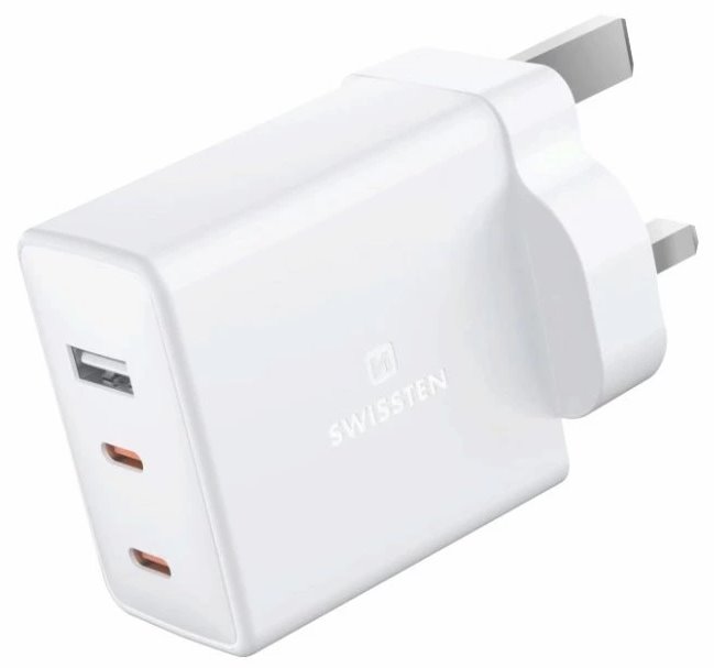 Swissten síťový adaptér gan 2x usb-c + 1x usb 70w pro uk zásuvku 22045500