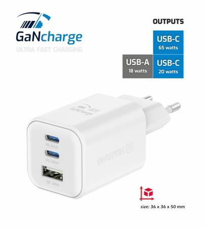 SWISSTEN SÍŤOVÝ ADAPTÉR GaN 2x USB-C 65W PD + 1x USB-A 18W QC BÍLÝ 22071400
