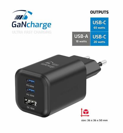 SWISSTEN SÍŤOVÝ ADAPTÉR GaN 2x USB-C 65W PD + 1x USB-A 18W QC ČERNÝ 22071410