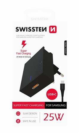 SWISSTEN SÍŤOVÝ ADAPTÉR PRO SAMSUNG SUPER FAST CHARGING 25W + DATOVÝ KABEL USB-C/USB-C 1,2 M ČERNÝ 22050100
