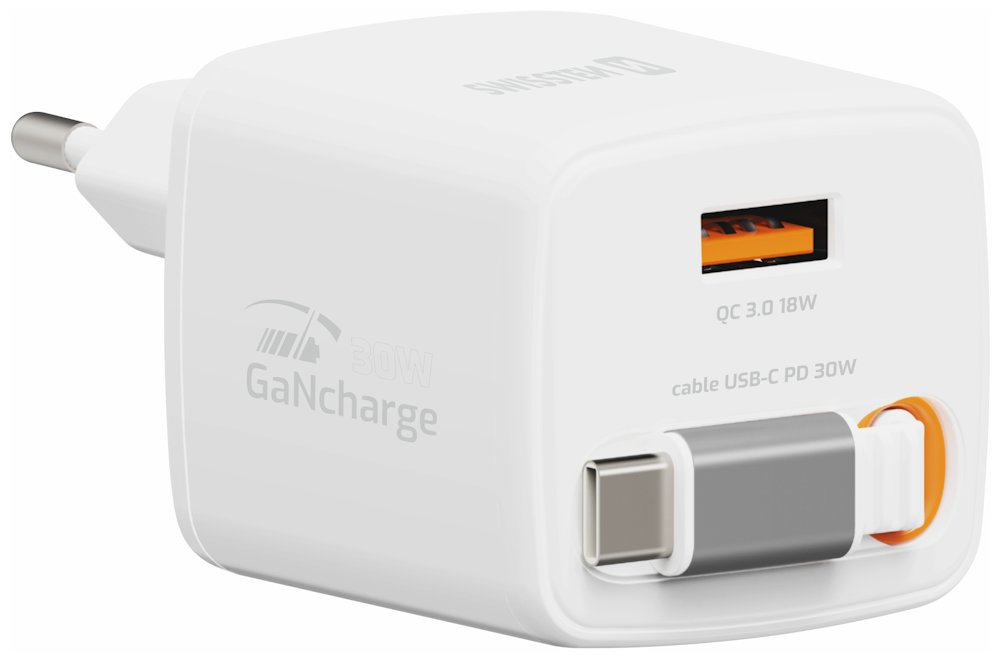 Swissten Síťový Adaptér Slidecharge GaN 30W, 1x USB-A 18W Se Zatahovacím USB-C Kabelem 0,75m Bílý 22070203