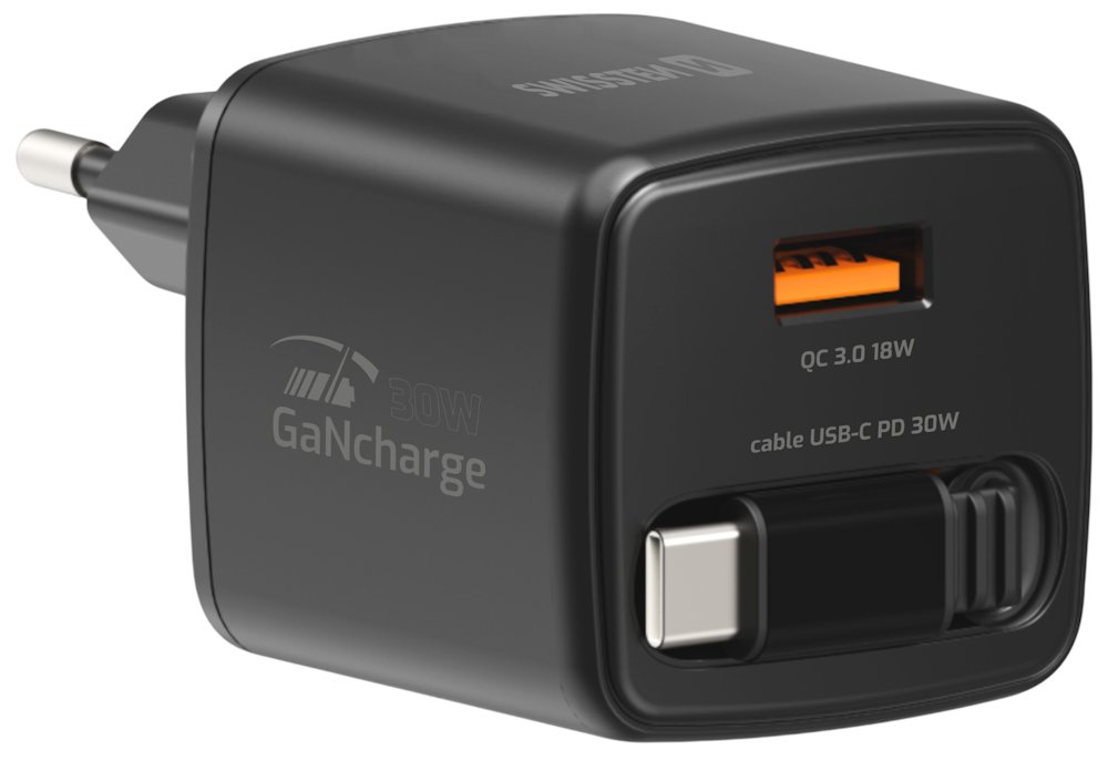 Swissten Síťový Adaptér Slidecharge GaN 30W, 1x USB-A 18W Se Zatahovacím USB-C Kabelem 0,75m Černý 22070202