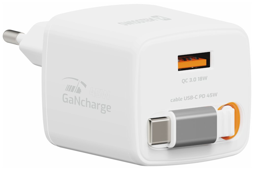 Swissten Síťový Adaptér Slidecharge GaN 45W, 1x USB-A 18W Se Zatahovacím USB-C Kabelem 0,75m Bílý 22071350